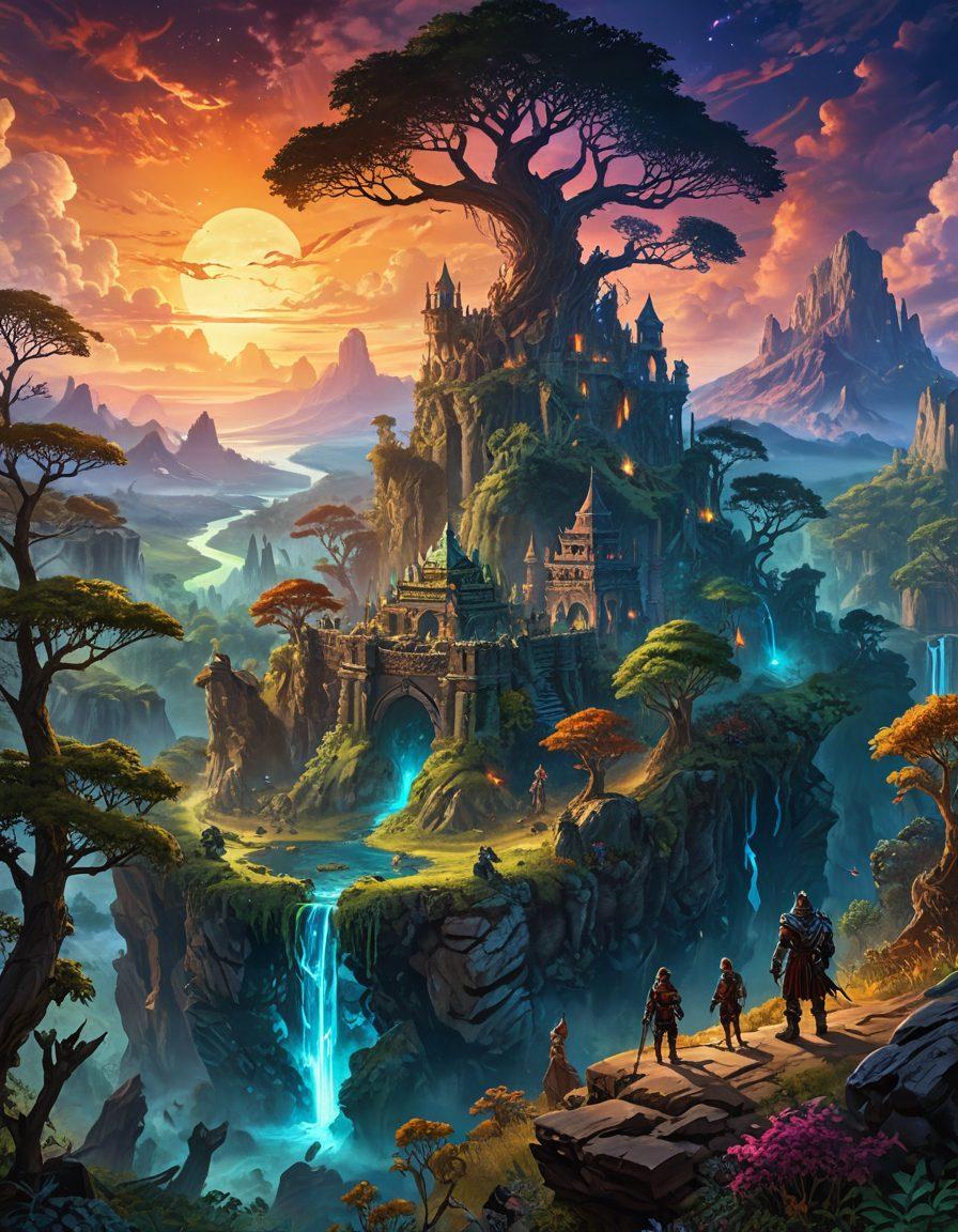 A breathtaking landscape of the Tibia universe featuring mystical forests, ancient ruins, and fierce monsters in the background. In the foreground, a group of diverse heroes strategizing around a glowing magical map with lore symbols around them. The sky is filled with vibrant hues of sunset, adding an epic feel. Super-realistic. Vibrant colors. Fantasy art.