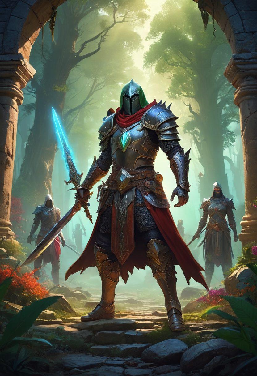 A mystical landscape showcasing various Tibia classes like Knights, Sorcerers, and Druids in action, with vibrant spells and weapons clashing against a dark fantasy background. Include detailed character outfits and dynamic poses that reflect their unique abilities. Add ancient ruins and glowing orbs for enchanting ambiance. imply a sense of adventure and epic storytelling. vibrant colors. fantasy art.