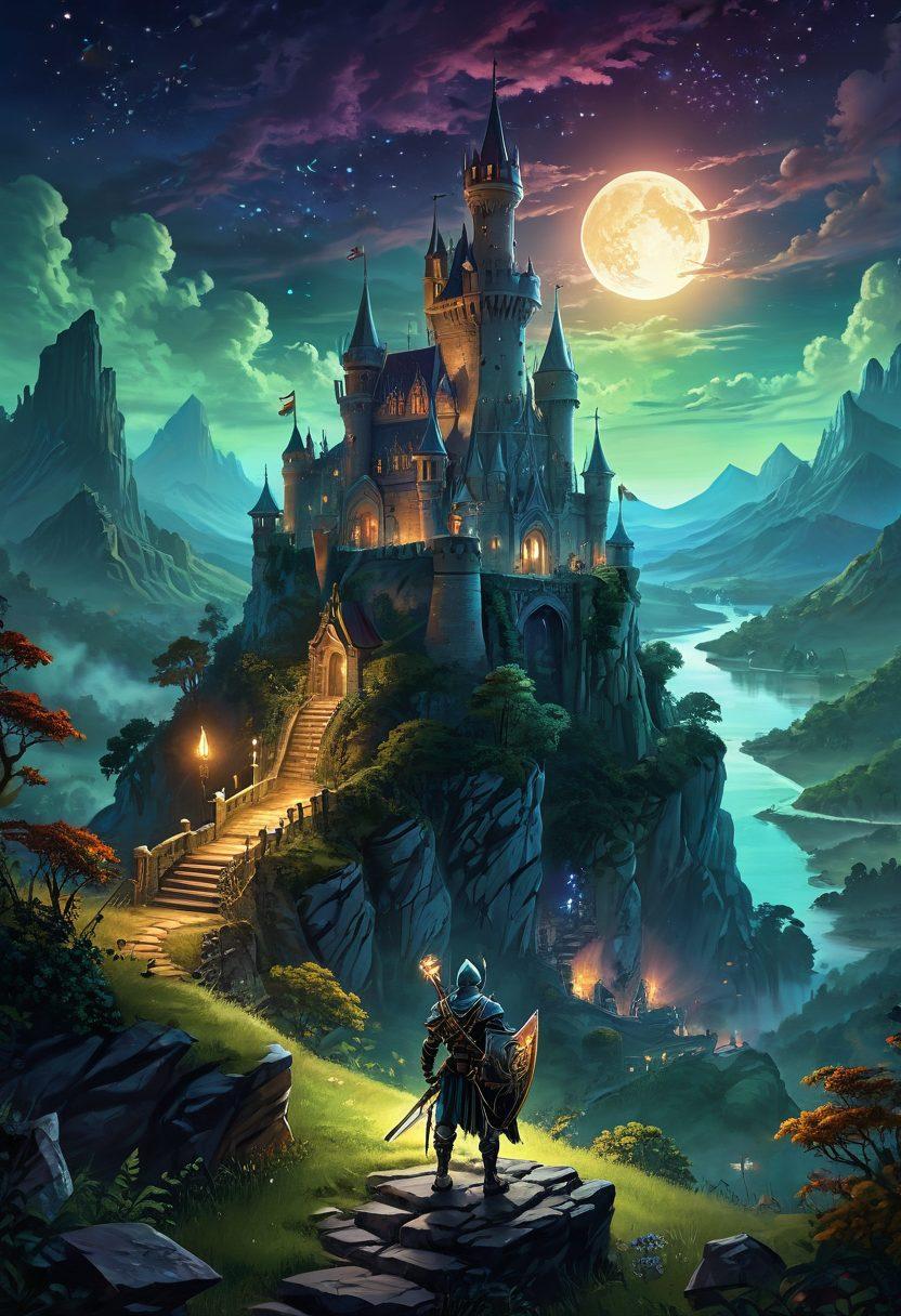A mystical Tibia landscape featuring a brave hero in medieval armor standing atop a hill, gazing at an enchanting castle in the distance under a starry sky. Surround the hero with magical creatures like dragons and fairies, with glowing artifacts scattered around. The scene captures the essence of adventure and community in an MMORPG. fantasy art. vibrant colors. dramatic lighting.